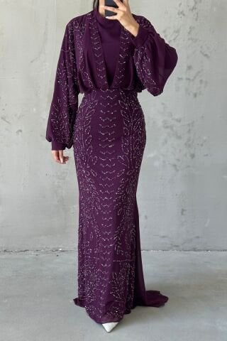 Modern Tasarım Şifon Tesettür Abiye Mor