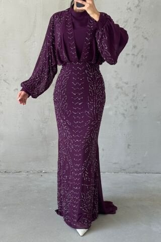 Modern Tasarım Şifon Tesettür Abiye Mor
