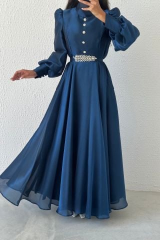 Zarif Taş Detaylı Organze Tesettür Abiye Lacivert