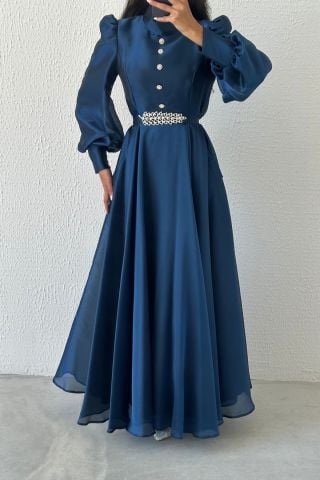 Zarif Taş Detaylı Organze Tesettür Abiye Lacivert