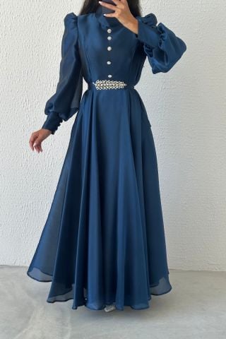 Zarif Taş Detaylı Organze Tesettür Abiye Lacivert