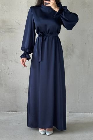 Saten Basic Kuşak Detaylı Tesettür Abiye Lacivert