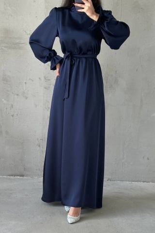 Saten Basic Kuşak Detaylı Tesettür Abiye Lacivert