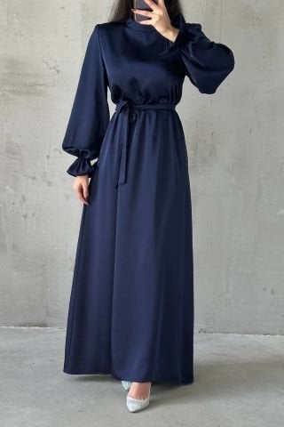 Saten Basic Kuşak Detaylı Tesettür Abiye Lacivert
