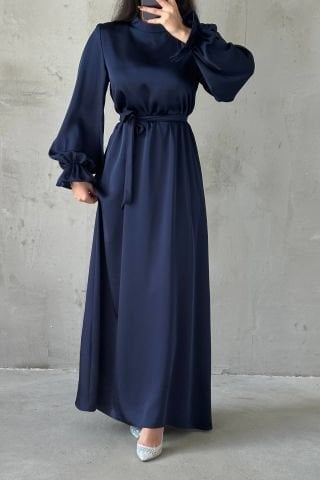 Saten Basic Kuşak Detaylı Tesettür Abiye Lacivert