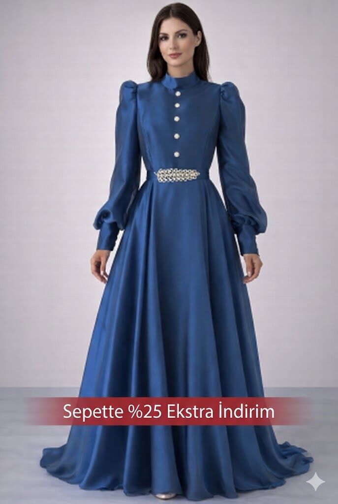 Zarif Taş Detaylı Organze Tesettür Abiye Lacivert