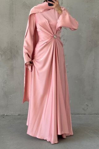 Flowing Fabric and Brooch Detailed Satin Hijab Evening Dress Powder Pink