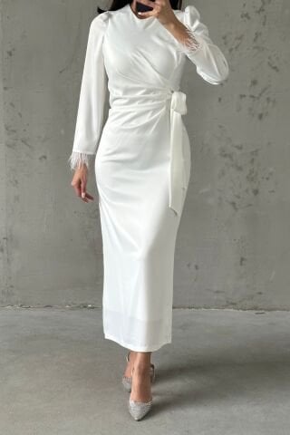 Feather Sleeve Pencil Satin Hijab Evening Dress Ecru