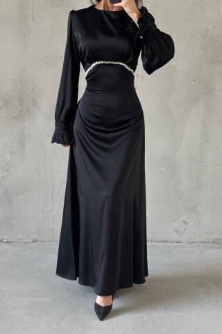 Elara Saten Tesettür Abiye Siyah