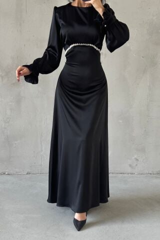 Elara Saten Tesettür Abiye Siyah