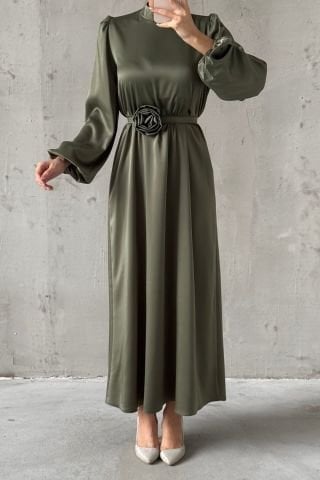 Satin Fabric Rose Detailed Hijab Evening Dress Khaki