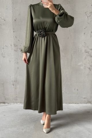 Satin Fabric Rose Detailed Hijab Evening Dress Khaki