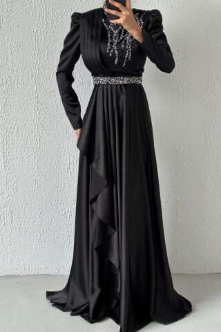 Satin Hijab Evening Dress Black with Embroidered Waist and Top