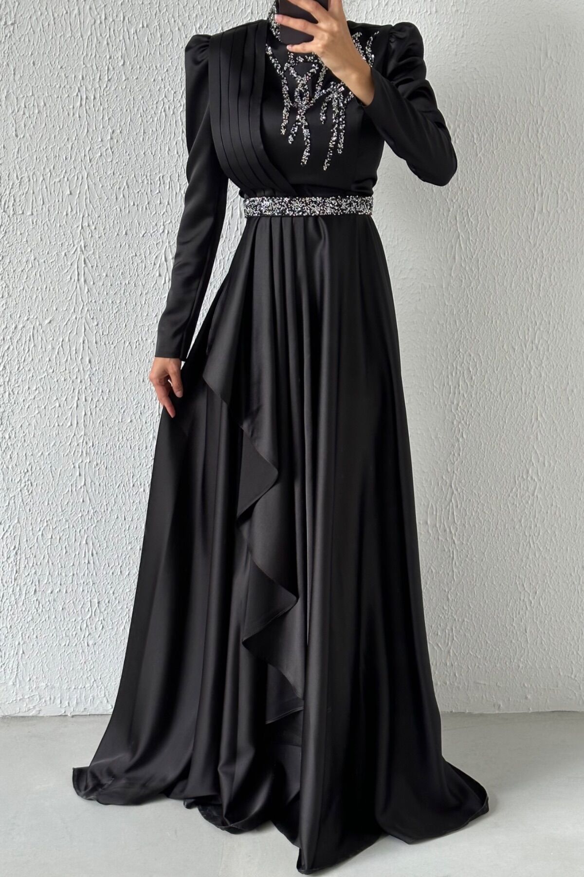 Satin Hijab Evening Dress Black with Embroidered Waist and Top