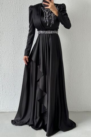 Satin Hijab Evening Dress Black with Embroidered Waist and Top