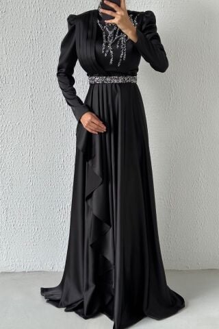 Satin Hijab Evening Dress Black with Embroidered Waist and Top