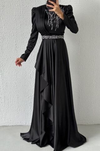 Satin Hijab Evening Dress Black with Embroidered Waist and Top