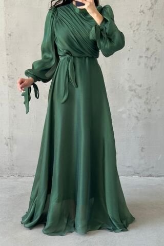 Draped Belt Detailed Janjan Fabric Hijab Evening Dress Emerald Green