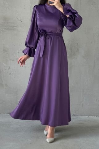 Minimal Şıklık Saten Balon Kol Tesettür Abiye Lila