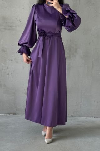 Minimal Şıklık Saten Balon Kol Tesettür Abiye Lila