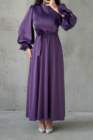 Minimal Şıklık Saten Balon Kol Tesettür Abiye Lila