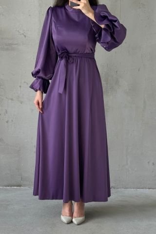 Minimal Şıklık Saten Balon Kol Tesettür Abiye Lila