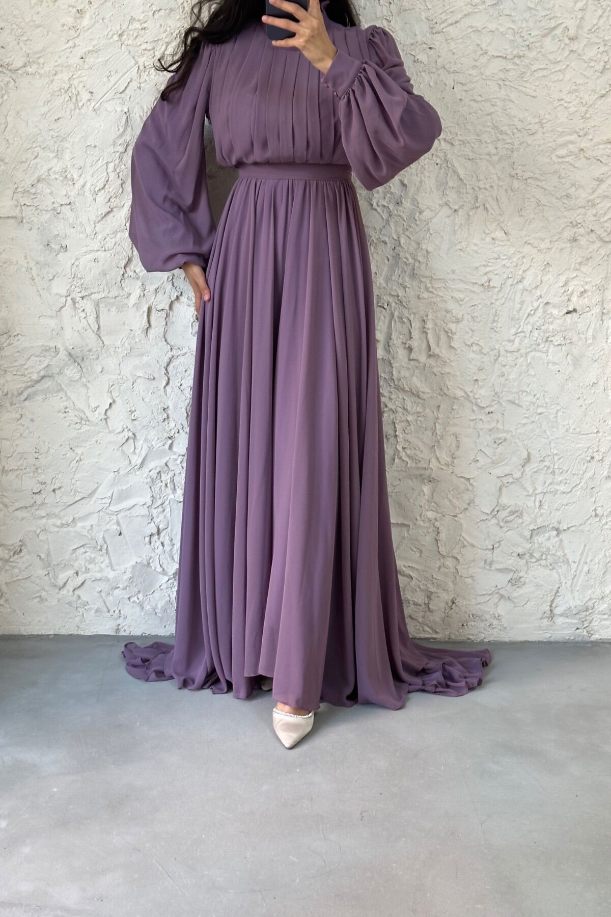 Önü Kısa Arkası Uzun Şifon Tesettür Abiye Lila