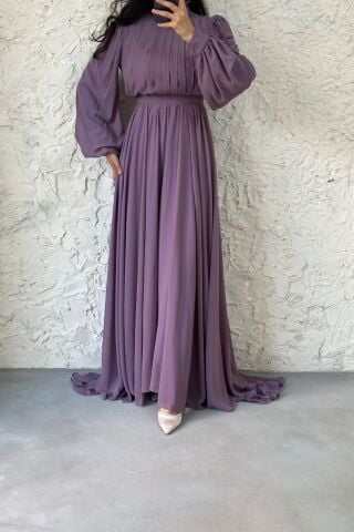 Önü Kısa Arkası Uzun Şifon Tesettür Abiye Lila