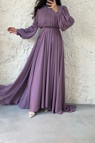 Önü Kısa Arkası Uzun Şifon Tesettür Abiye Lila