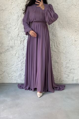 Önü Kısa Arkası Uzun Şifon Tesettür Abiye Lila