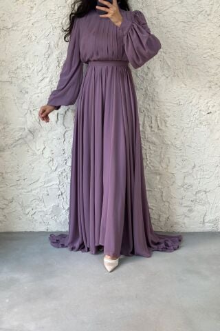 Önü Kısa Arkası Uzun Şifon Tesettür Abiye Lila