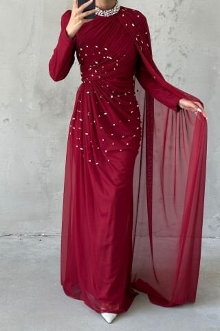 Taş Süslemeli Şık Tasarom Tül Tesettür Abiye Bordo