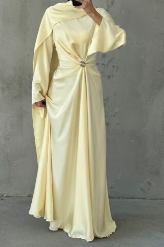 Flowing Fabric and Brooch Detailed Satin Hijab Evening Dress Yellow