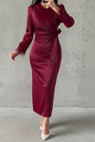 Feather Sleeve Pencil Satin Hijab Evening Dress Claret Red