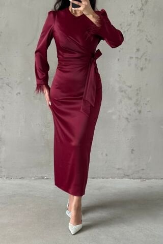 Kolu Tüylü Kalem Saten Tesettür Abiye Bordo