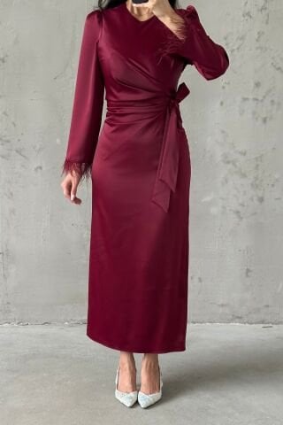 Kolu Tüylü Kalem Saten Tesettür Abiye Bordo