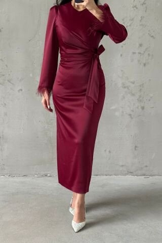 Kolu Tüylü Kalem Saten Tesettür Abiye Bordo