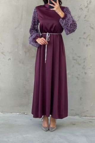 Kol Detaylı Kuşaklı Tesettür Abiye Mor