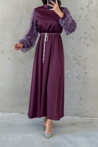 Kol Detaylı Kuşaklı Tesettür Abiye Mor