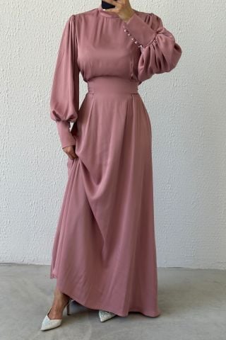 Işıltılı Bel: Balon Kollu Saten Tesettür Abiye Pudra