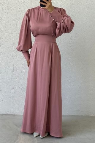 Işıltılı Bel: Balon Kollu Saten Tesettür Abiye Pudra