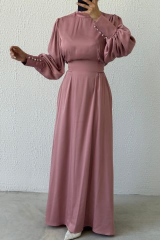 Işıltılı Bel: Balon Kollu Saten Tesettür Abiye Pudra