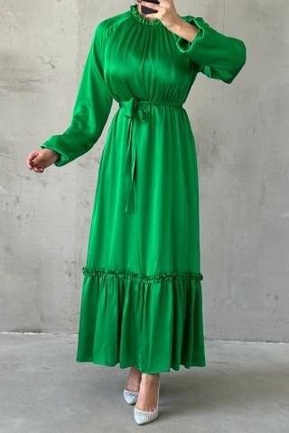 Thin Belt and Ruffle Skirt Satin Hijab Evening Dress Green