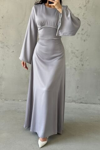 Kolları ve Beli İnci Taş Detaylı  Volan Kol Saten Tesettür Abiye Gri