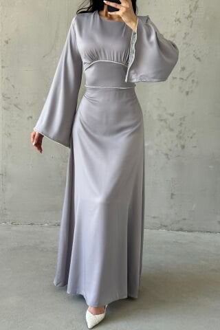 Kolları ve Beli İnci Taş Detaylı  Volan Kol Saten Tesettür Abiye Gri