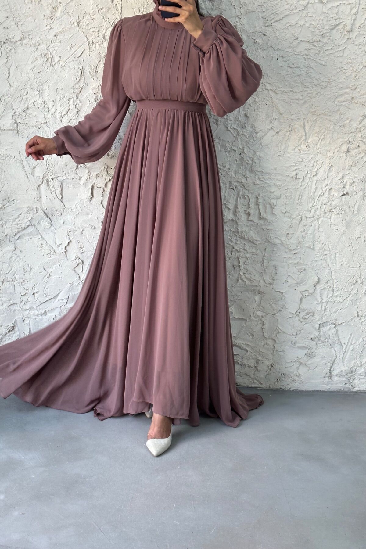 Short in Front, Long in Back Chiffon Hijab Evening Dress Powder