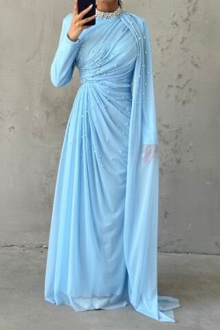 Taş Süslemeli Şık Tasarom Tül Tesettür Abiye İndigo