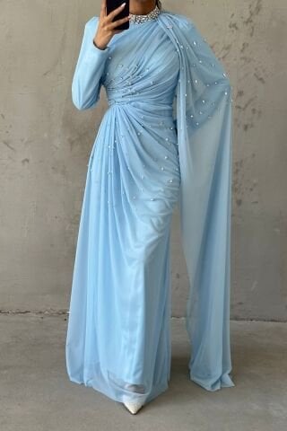 Elegant Design Tulle Hijab Evening Dress with Stone Embellished Indigo