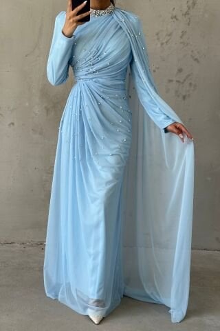 Taş Süslemeli Şık Tasarom Tül Tesettür Abiye İndigo