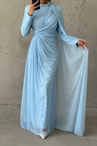 Taş Süslemeli Şık Tasarom Tül Tesettür Abiye İndigo